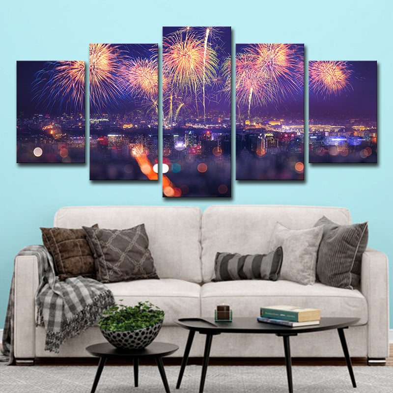 Fireworks Canvas Print Modernism Stunning City Night Scenery Wall Art in Purple