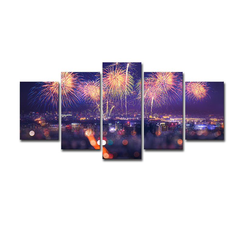 Fireworks Canvas Print Modernism Stunning City Night Scenery Wall Art in Purple