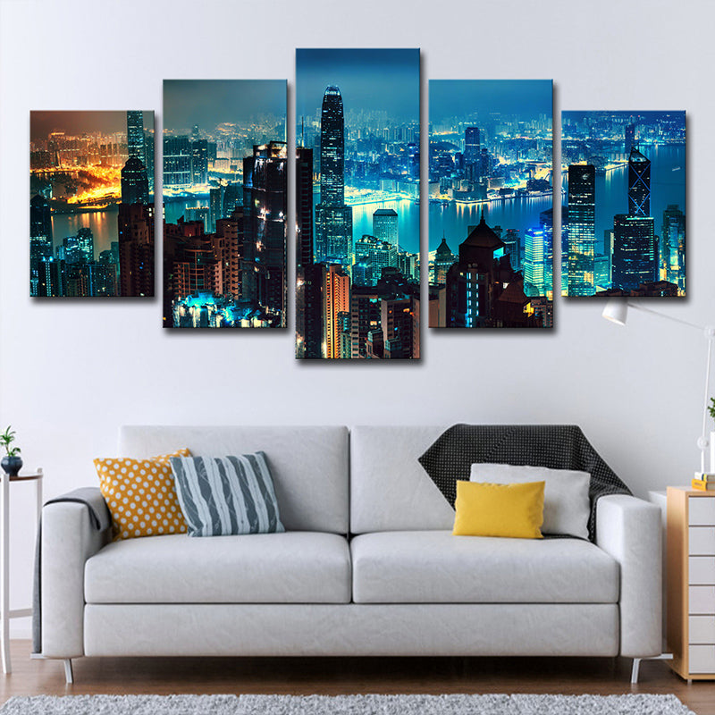 Metropolitan Night Skyline View Canvas Art Multi-Piece Modern Bedroom Wall Decor