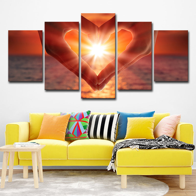 Sunset Heart Hands Wall Art Print Modernist Multi-Piece Canvas in Brown for Bedroom