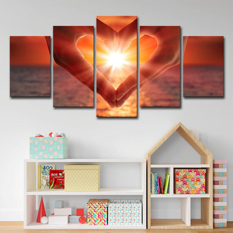 Sunset Heart Hands Wall Art Print Modernist Multi-Piece Canvas in Brown for Bedroom