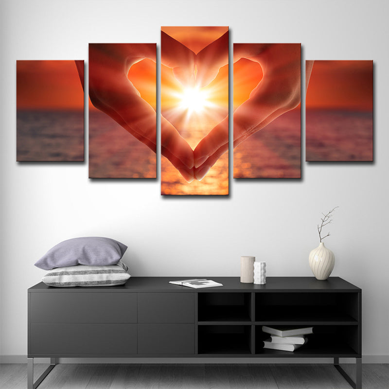 Sunset Heart Hands Wall Art Print Modernist Multi-Piece Canvas in Brown for Bedroom