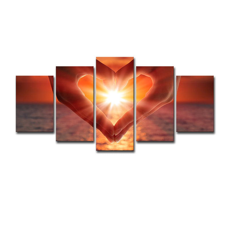 Sunset Heart Hands Wall Art Print Modernist Multi-Piece Canvas in Brown for Bedroom