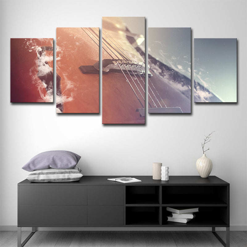 Musical Cello Wall Art Decor Modern Multi-Piece Canvas Print in Orange-Pink for Home