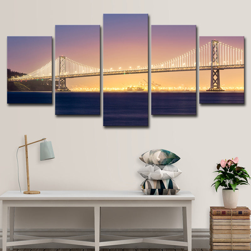 Sea Bridge Night View Canvas Art Orange and Purple Contemporary Wall Decor for Home