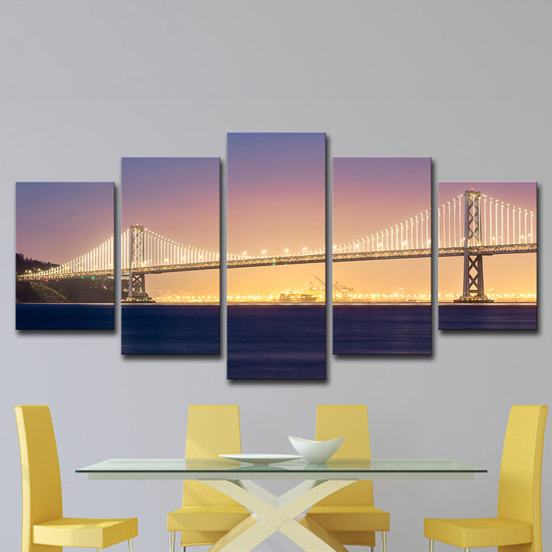 Sea Bridge Night View Canvas Art Orange and Purple Contemporary Wall Decor for Home