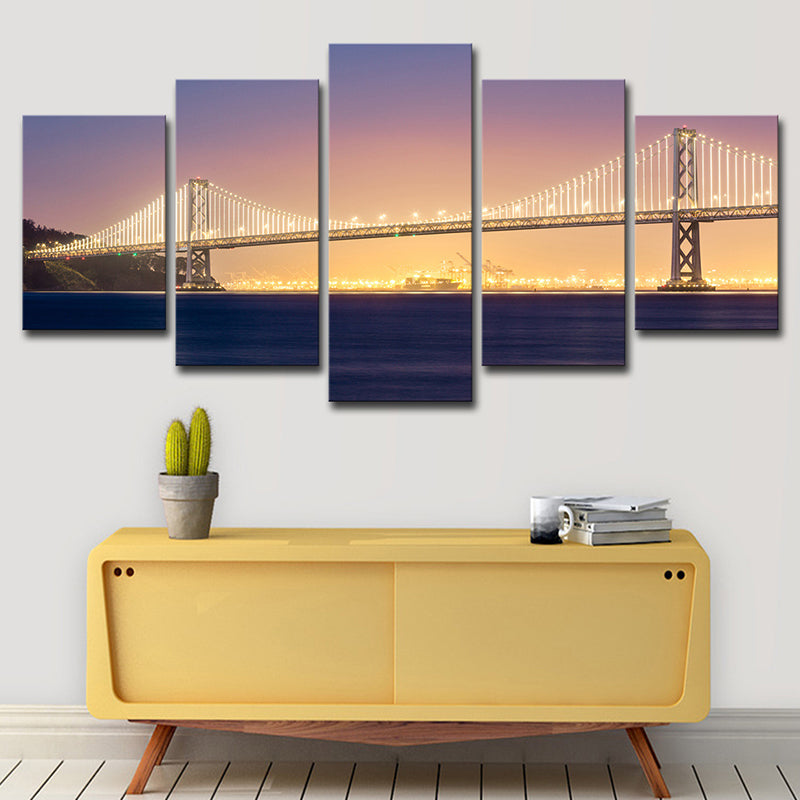 Sea Bridge Night View Canvas Art Orange and Purple Contemporary Wall Decor for Home