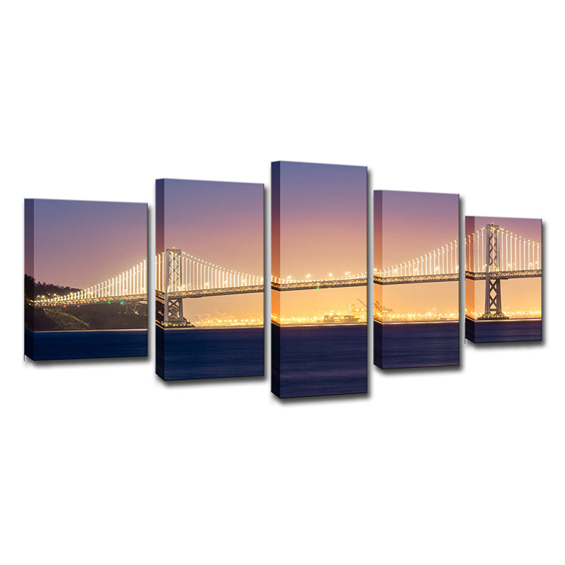 Sea Bridge Night View Canvas Art Orange and Purple Contemporary Wall Decor for Home