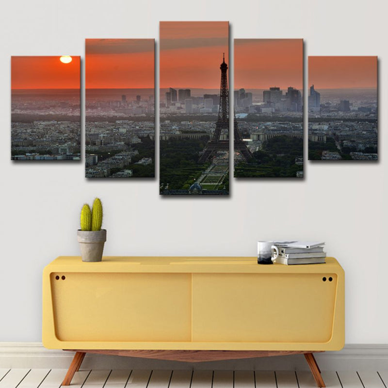 Canvas Multi-Piece Art Print Modern Sunset Aerial View of Eiffel Tower Wall Decoration