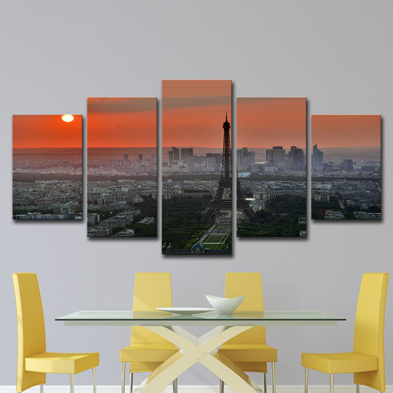 Canvas Multi-Piece Art Print Modern Sunset Aerial View of Eiffel Tower Wall Decoration