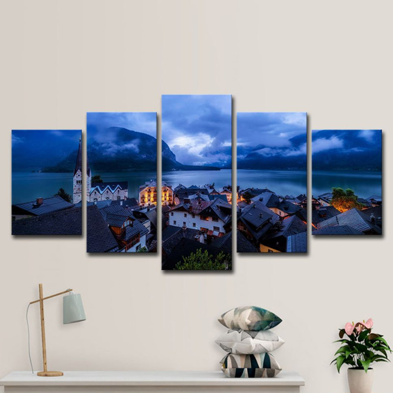 Blue Global Inspired Canvas Print Hallstatt Lake Town Night Scenery Wall Art Decor for Home