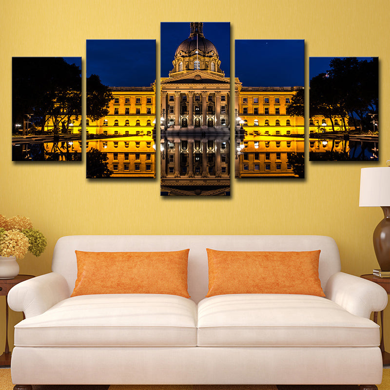 Landmark Wall Art Modern Beautiful Alberta Edmonton House at Night Canvas in Yellow