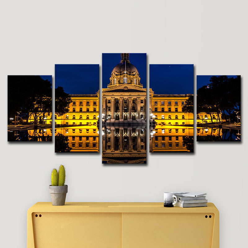 Landmark Wall Art Modern Beautiful Alberta Edmonton House at Night Canvas in Yellow