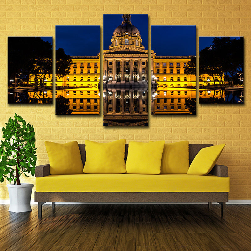 Landmark Wall Art Modern Beautiful Alberta Edmonton House at Night Canvas in Yellow