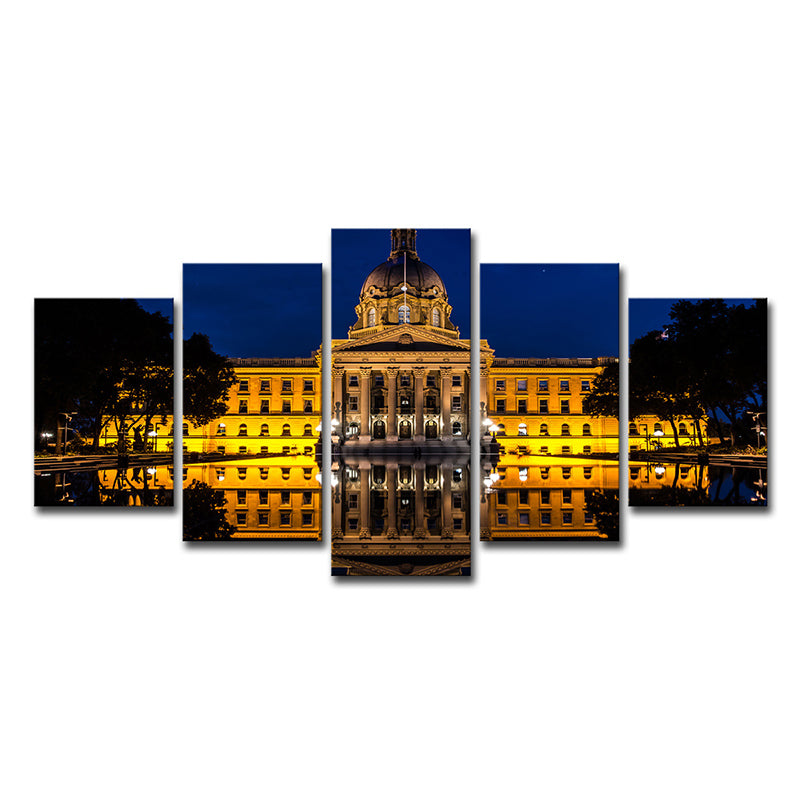 Landmark Wall Art Modern Beautiful Alberta Edmonton House at Night Canvas in Yellow