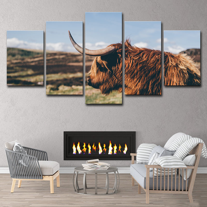 Photo Printed Yak Canvas Wall Art for Living Room, Brown and Blue, Multiple-Piece