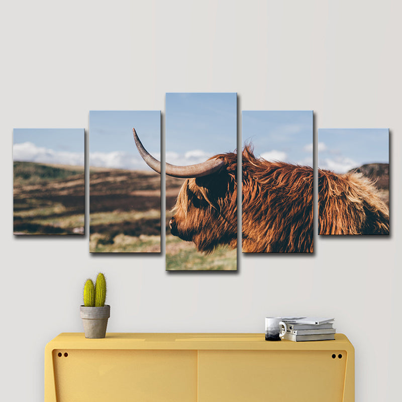 Photo Printed Yak Canvas Wall Art for Living Room, Brown and Blue, Multiple-Piece