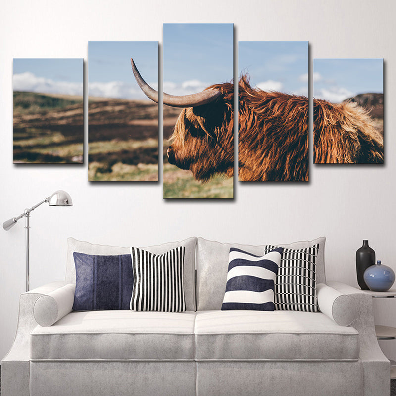 Photo Printed Yak Canvas Wall Art for Living Room, Brown and Blue, Multiple-Piece