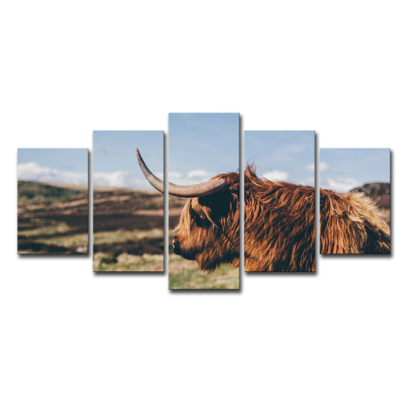 Photo Printed Yak Canvas Wall Art for Living Room, Brown and Blue, Multiple-Piece