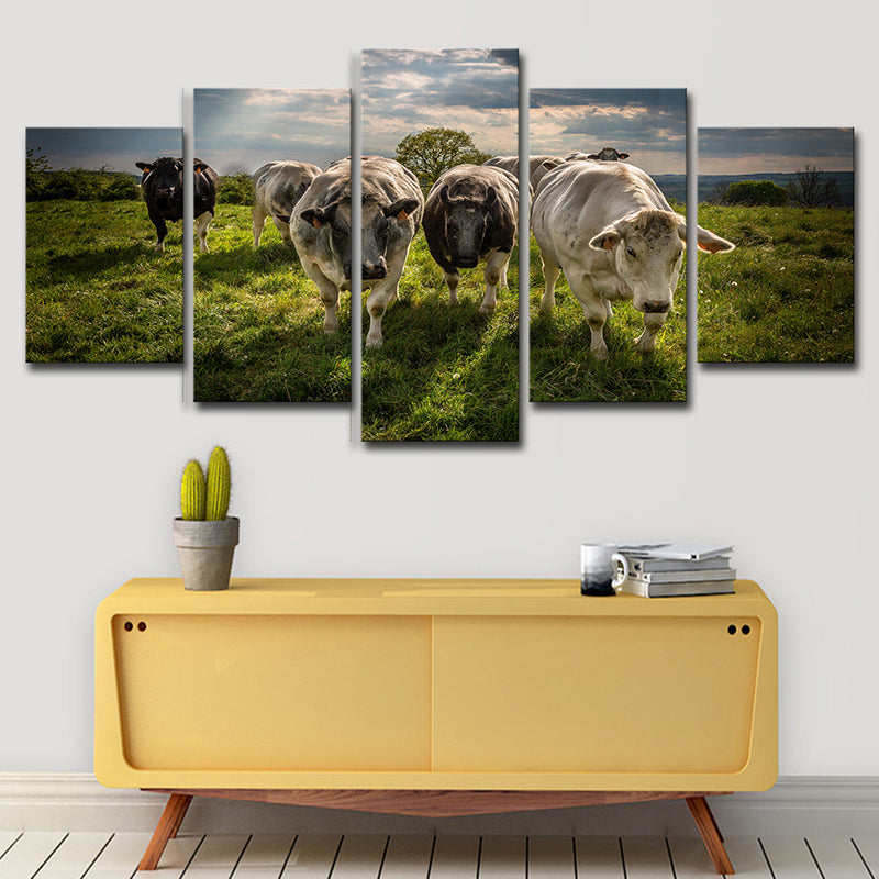 Multi-Piece Green Canvas Modern Herd of Cow on the Meadow Wall Art Print for Family Room