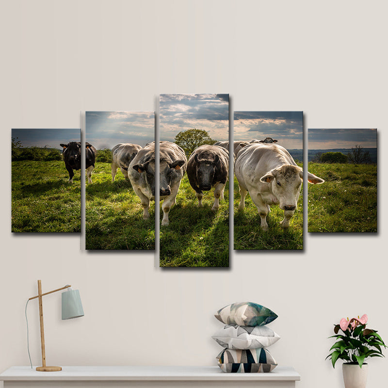 Multi-Piece Green Canvas Modern Herd of Cow on the Meadow Wall Art Print for Family Room