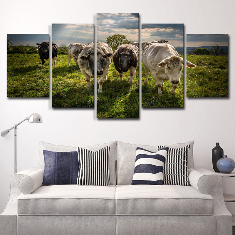 Multi-Piece Green Canvas Modern Herd of Cow on the Meadow Wall Art Print for Family Room