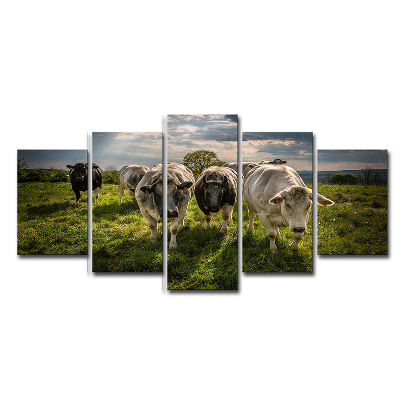 Multi-Piece Green Canvas Modern Herd of Cow on the Meadow Wall Art Print for Family Room