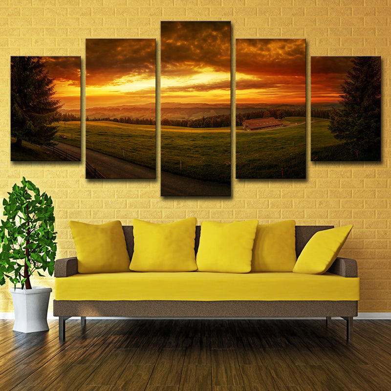 Sundown Farmland Scenery Wall Art Yellow Modernist Canvas Print for Sitting Room