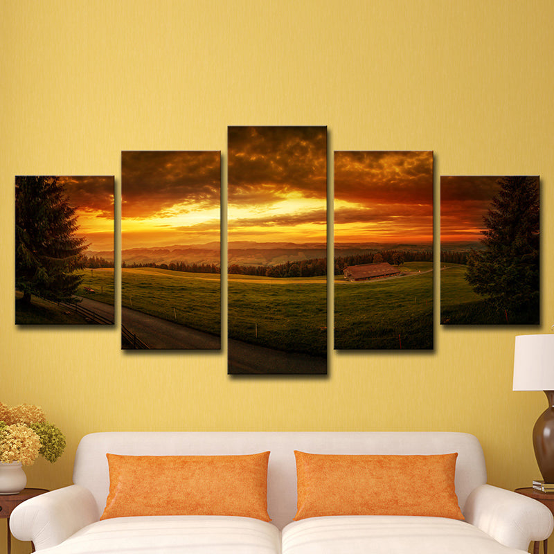 Sundown Farmland Scenery Wall Art Yellow Modernist Canvas Print for Sitting Room