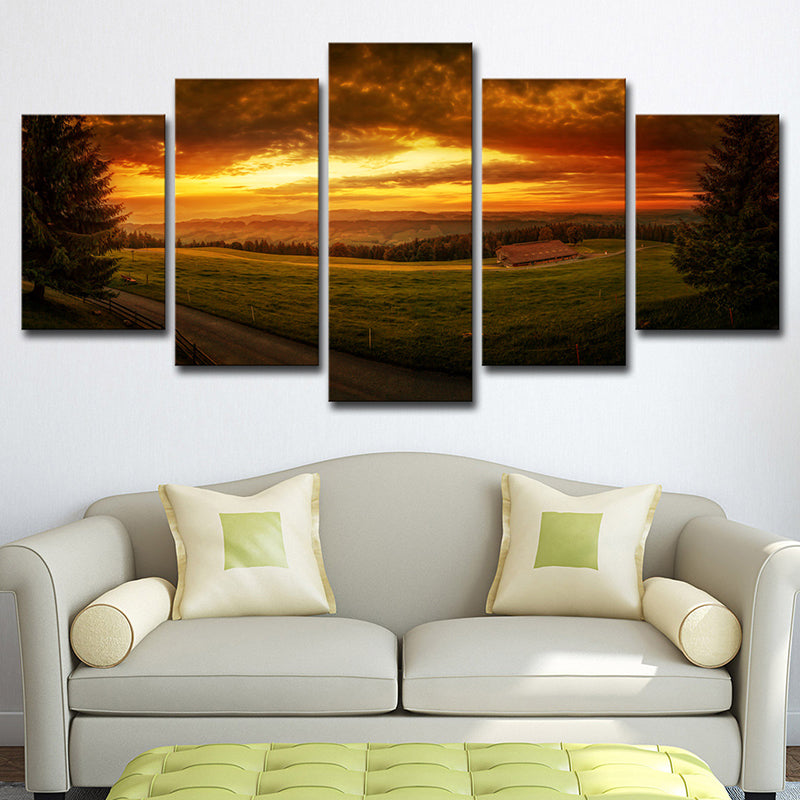 Sundown Farmland Scenery Wall Art Yellow Modernist Canvas Print for Sitting Room