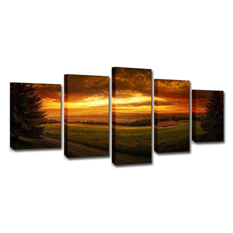 Sundown Farmland Scenery Wall Art Yellow Modernist Canvas Print for Sitting Room