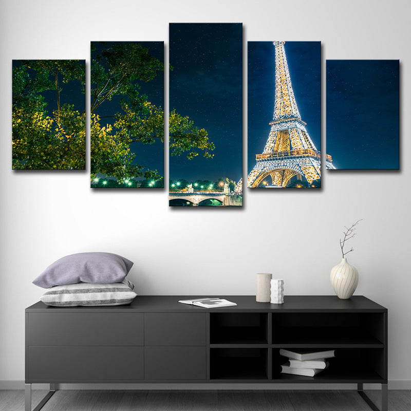 Blue Global Inspired Canvas Night Eiffel Tower View Wall Art Print for Family Room