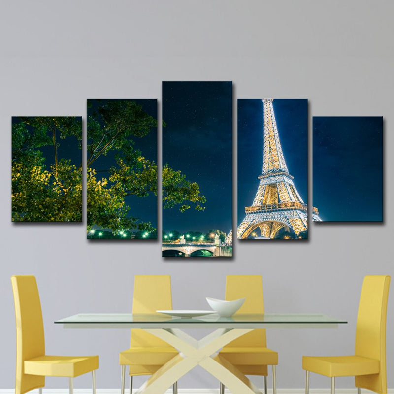 Blue Global Inspired Canvas Night Eiffel Tower View Wall Art Print for Family Room