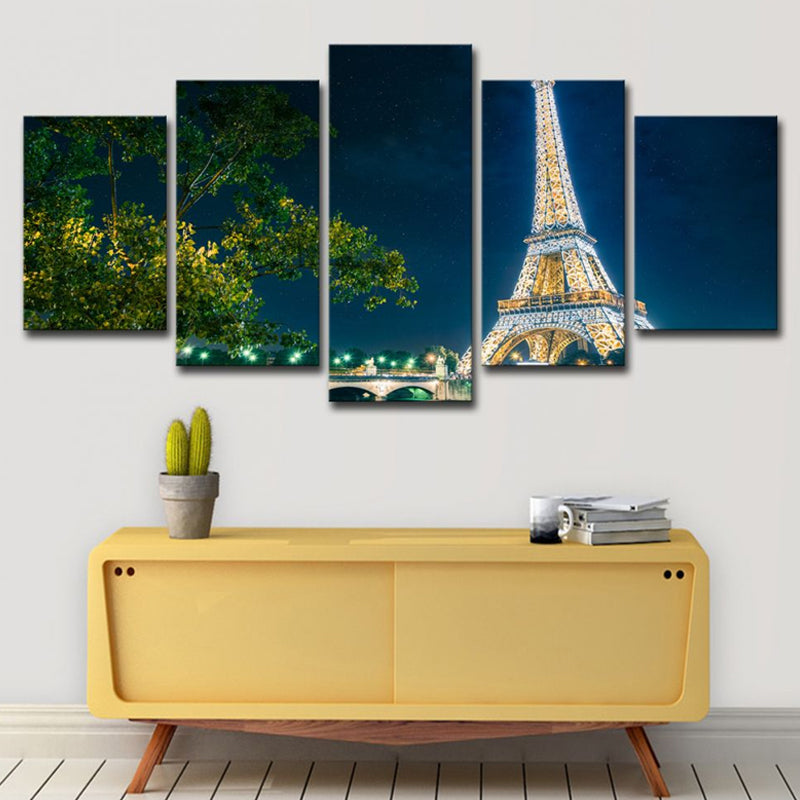 Blue Global Inspired Canvas Night Eiffel Tower View Wall Art Print for Family Room