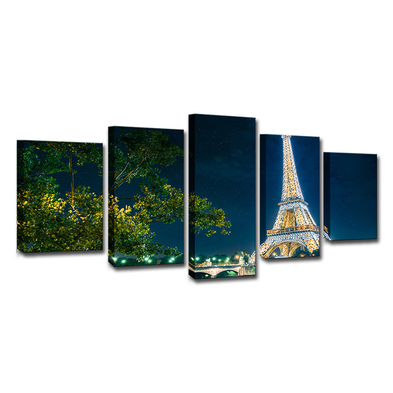 Blue Global Inspired Canvas Night Eiffel Tower View Wall Art Print for Family Room