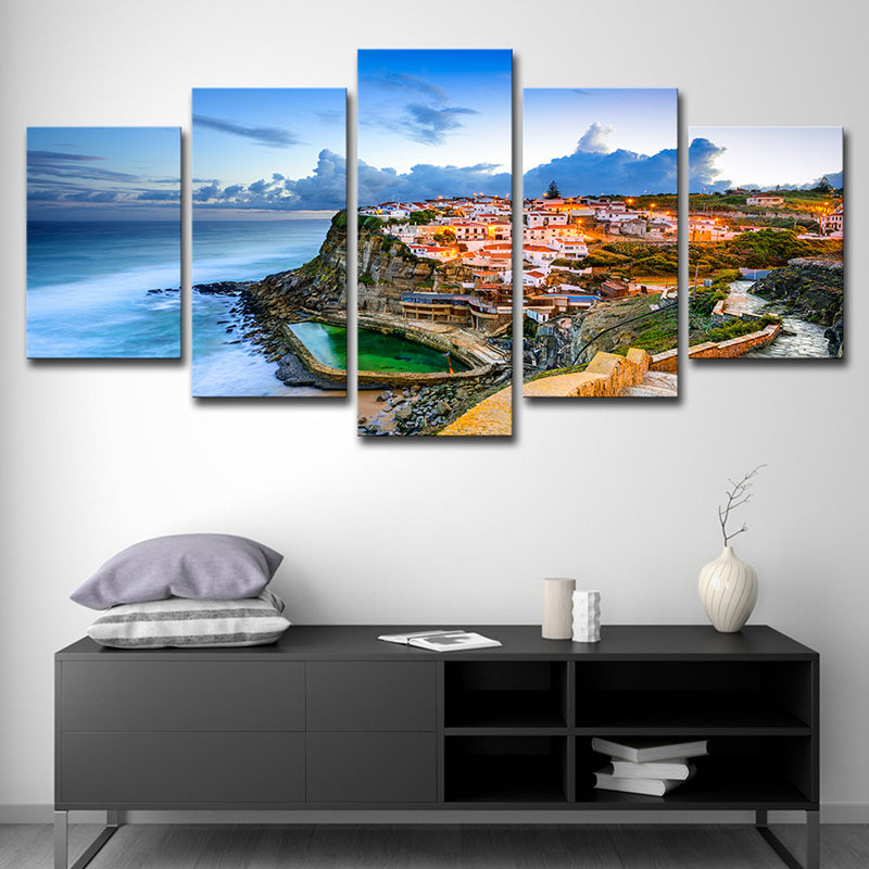 Picturesque Portugal Canvas Print Home Coastal Town Seascape Wall Art Decor in Blue