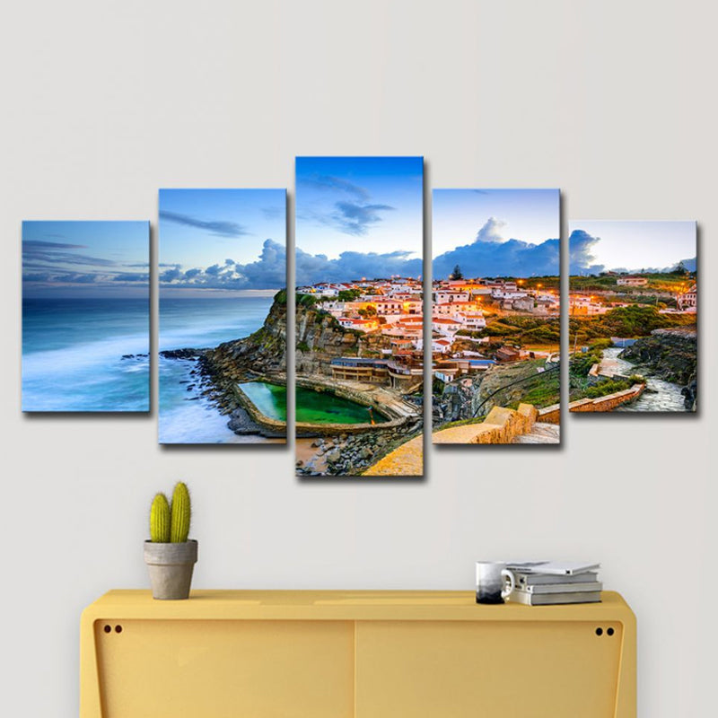 Picturesque Portugal Canvas Print Home Coastal Town Seascape Wall Art Decor in Blue