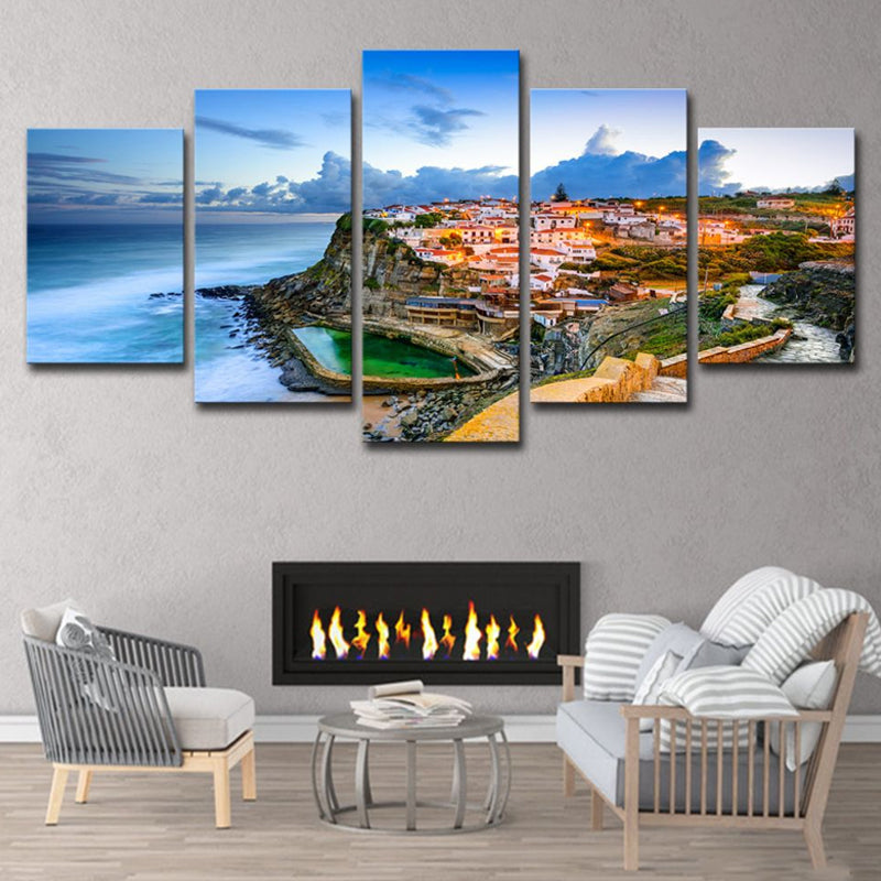 Picturesque Portugal Canvas Print Home Coastal Town Seascape Wall Art Decor in Blue