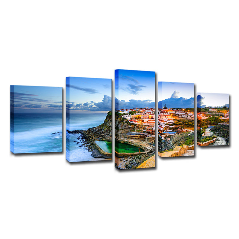 Picturesque Portugal Canvas Print Home Coastal Town Seascape Wall Art Decor in Blue