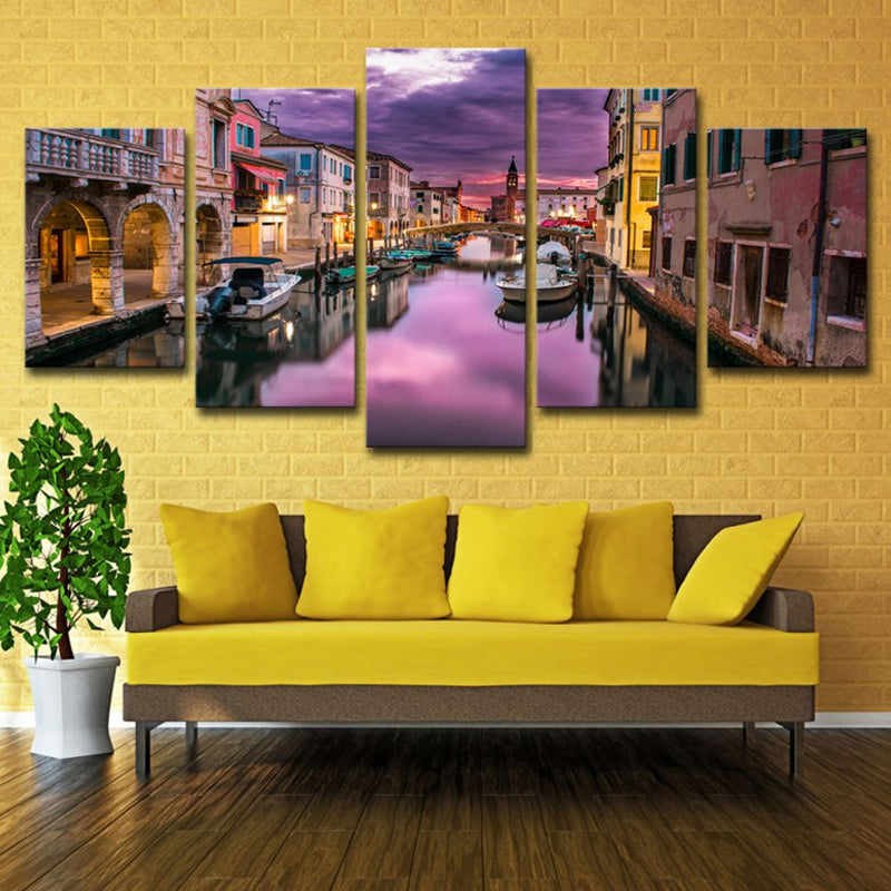 Venice Town Canvas Print Global Inspired Stunning Evening Glow Wall Art in Purple