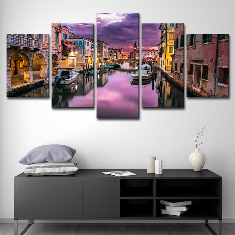 Venice Town Canvas Print Global Inspired Stunning Evening Glow Wall Art in Purple