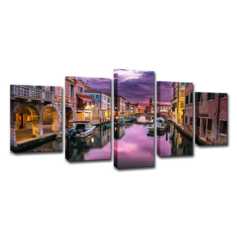 Venice Town Canvas Print Global Inspired Stunning Evening Glow Wall Art in Purple