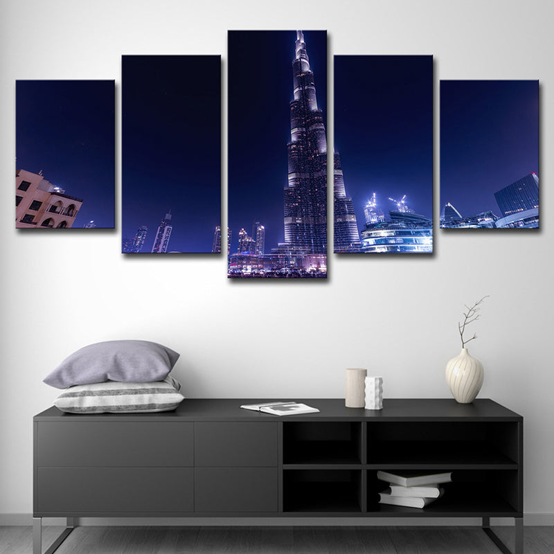 Global Inspired Wall Art Decor Blue Dubai Burj Khalifa at Night Canvas Print for Home