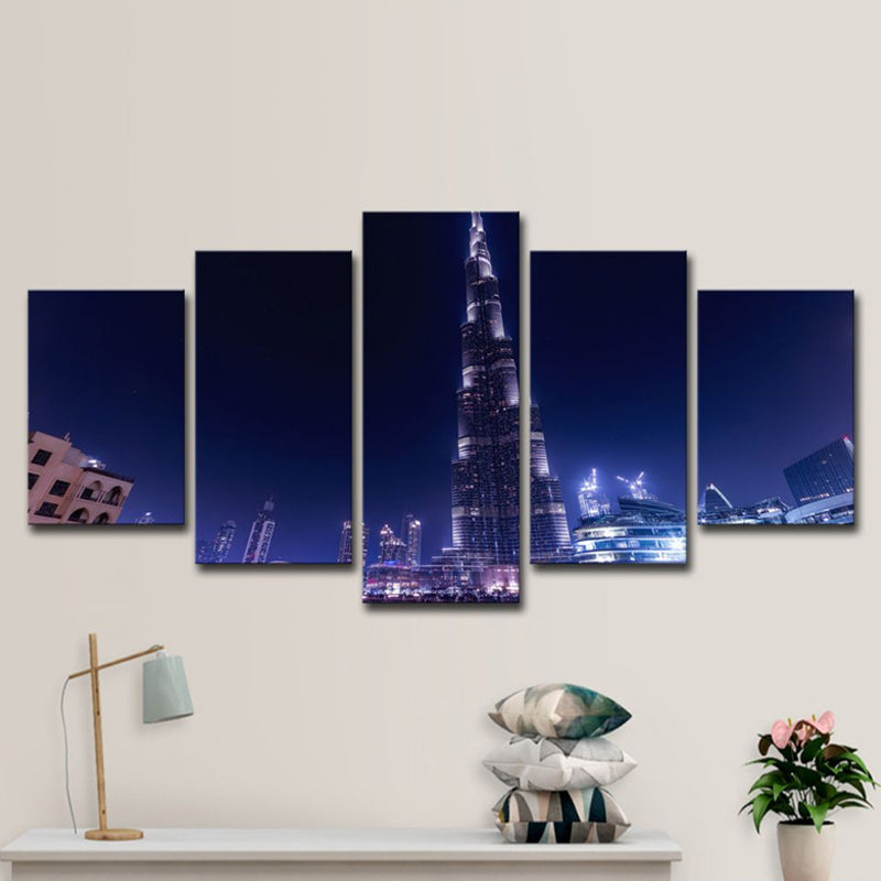 Global Inspired Wall Art Decor Blue Dubai Burj Khalifa at Night Canvas Print for Home