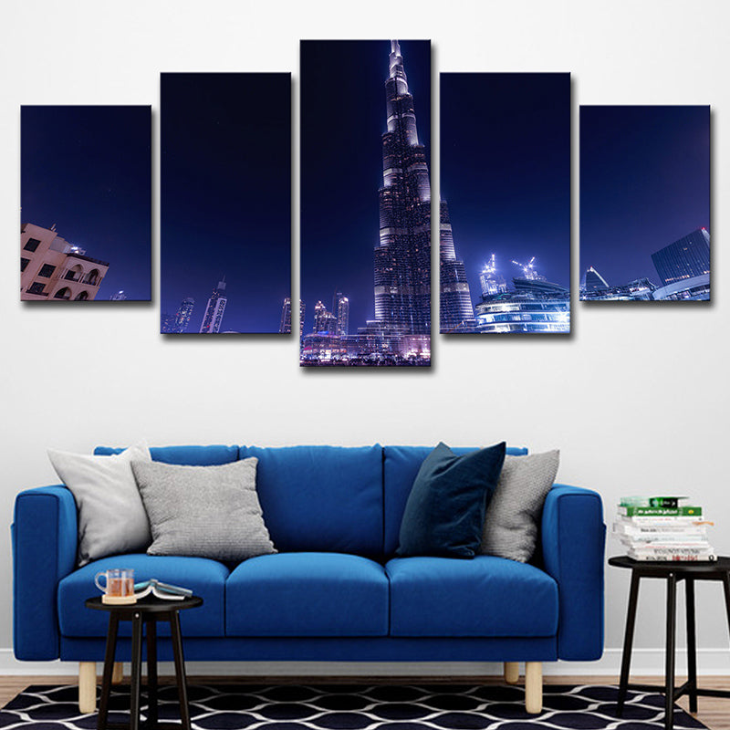 Global Inspired Wall Art Decor Blue Dubai Burj Khalifa at Night Canvas Print for Home