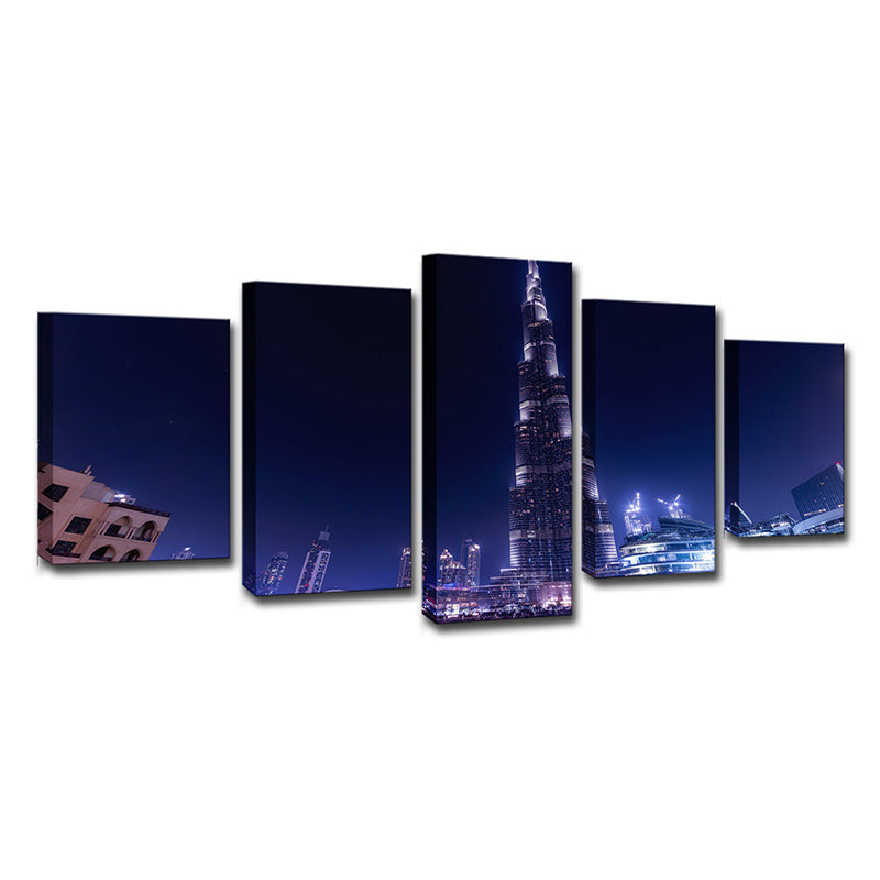 Global Inspired Wall Art Decor Blue Dubai Burj Khalifa at Night Canvas Print for Home