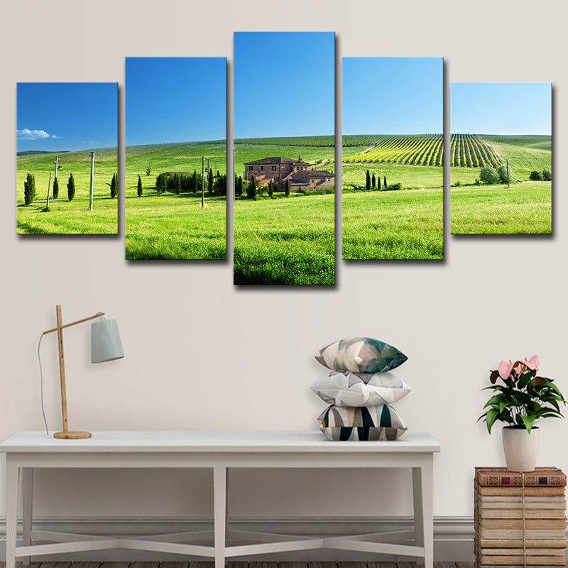 Farm Landscape Wall Art Decor Modern Vast Meadow Scenery Canvas in Green and Blue