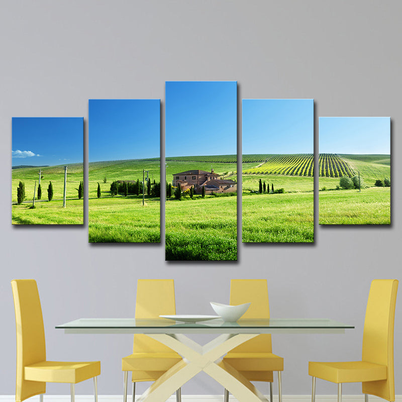 Farm Landscape Wall Art Decor Modern Vast Meadow Scenery Canvas in Green and Blue