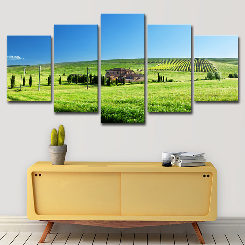 Farm Landscape Wall Art Decor Modern Vast Meadow Scenery Canvas in Green and Blue