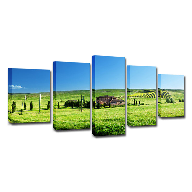 Farm Landscape Wall Art Decor Modern Vast Meadow Scenery Canvas in Green and Blue